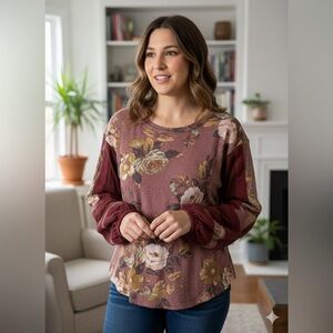 Free People Flower Patch Waffle Balloon Sleeve Oversized Moroccan Spice Top Sz M